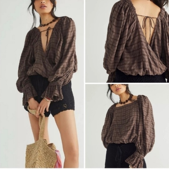 Free People Womens Kylie Reversible Horseshoe Brown Check Blouse Boho Small - Picture 2 of 8